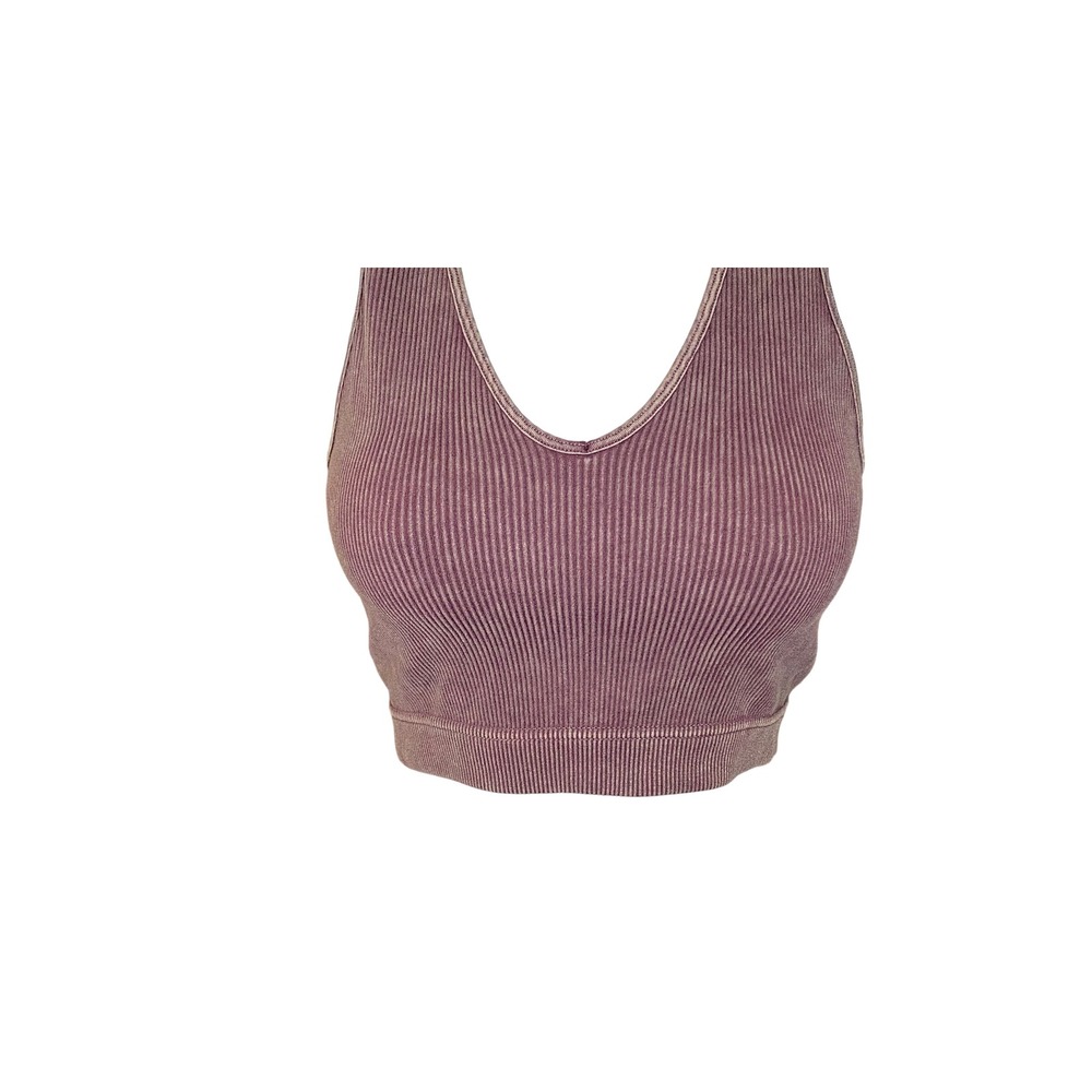 Zenana Ribbed Seamless V-Neck Racerback Crop Tank Top Mineral Wash Plum L/XL